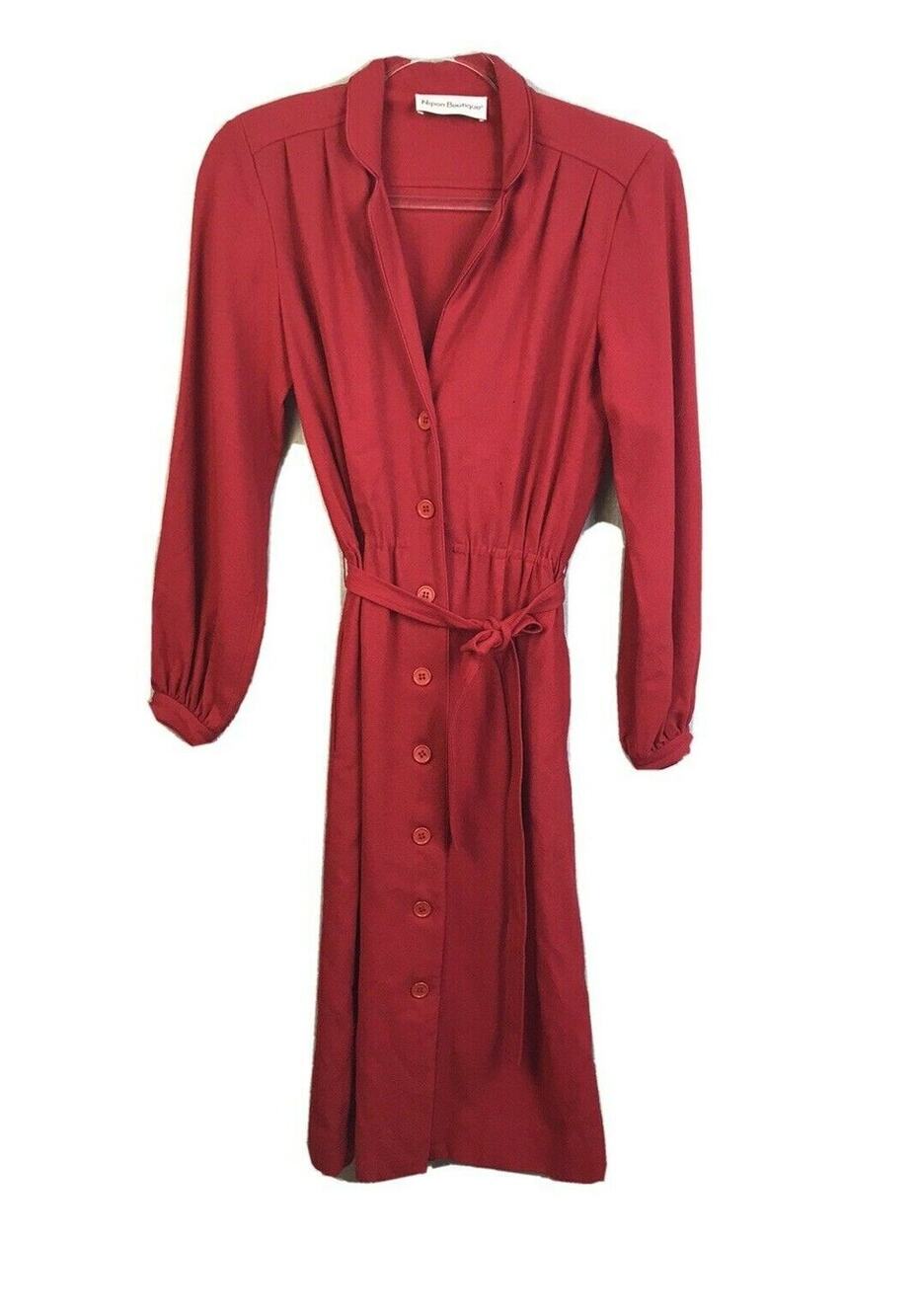 Vintage Nipon Boutique Wool Shirtdress Women's Size 6 Red Belted Waist FLAW